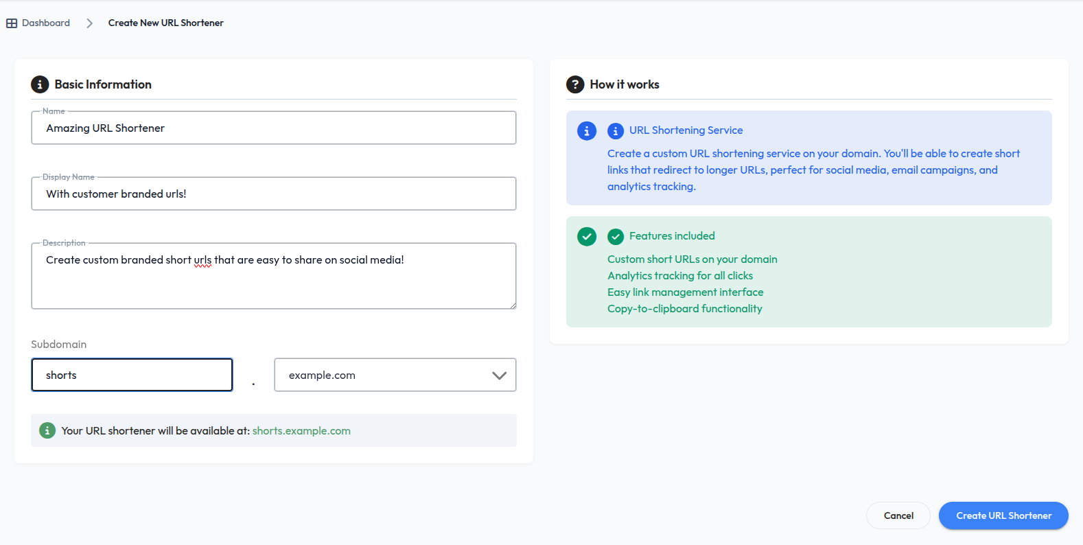Create and manage short URLs with custom domains