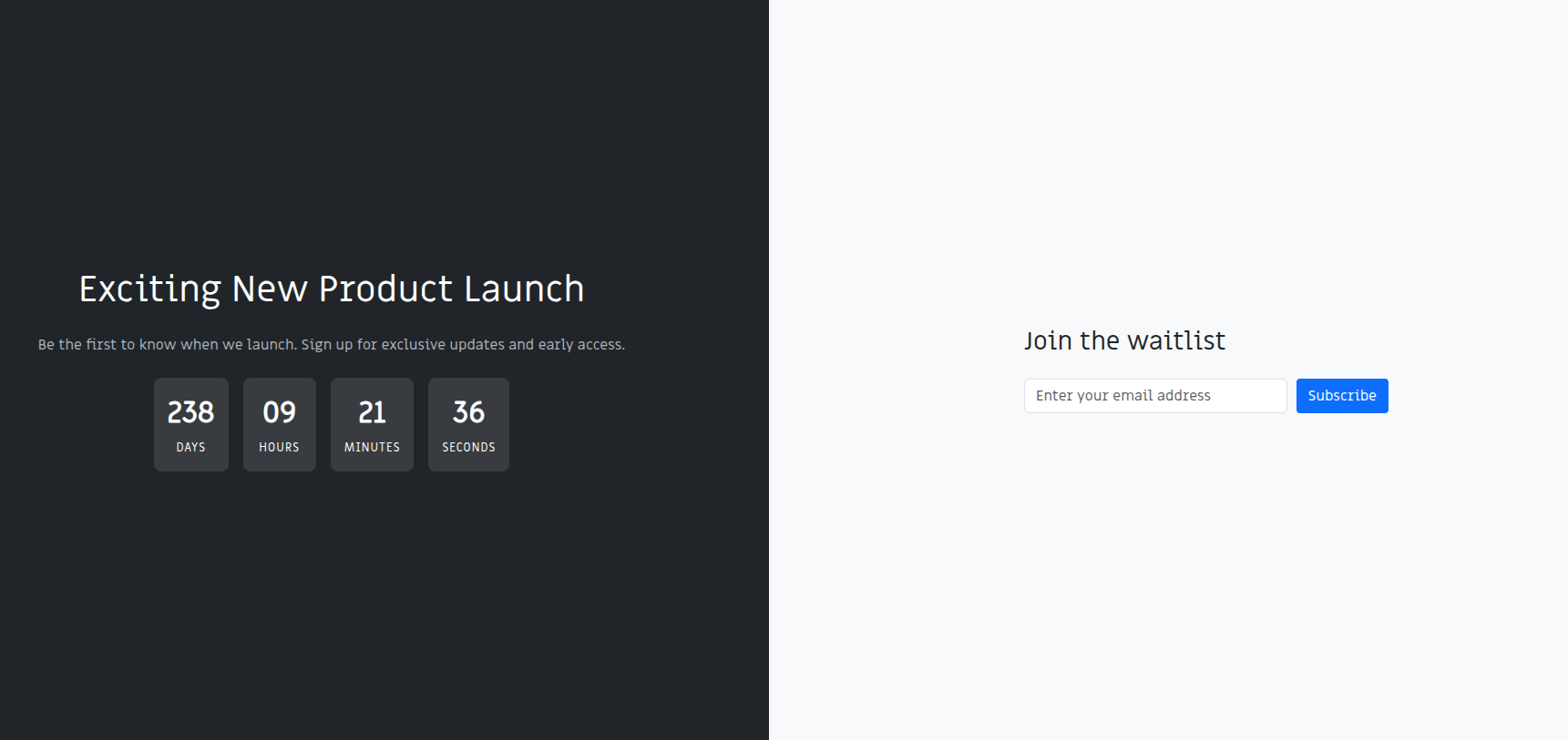 Split Screen Countdown launch page theme